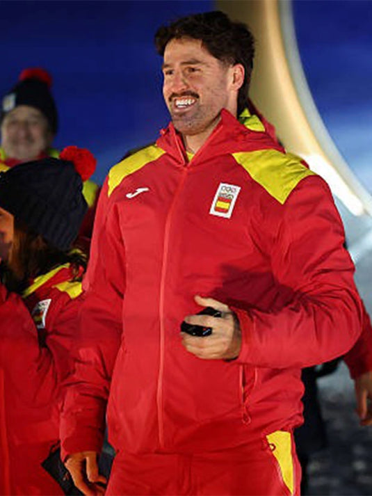 Red Milano Cortina 2026 Winter Olympics Opening Ceremony Team Spain anorak jacket recreated with Joma Sport styling and lightweight weather-resistant fabric.