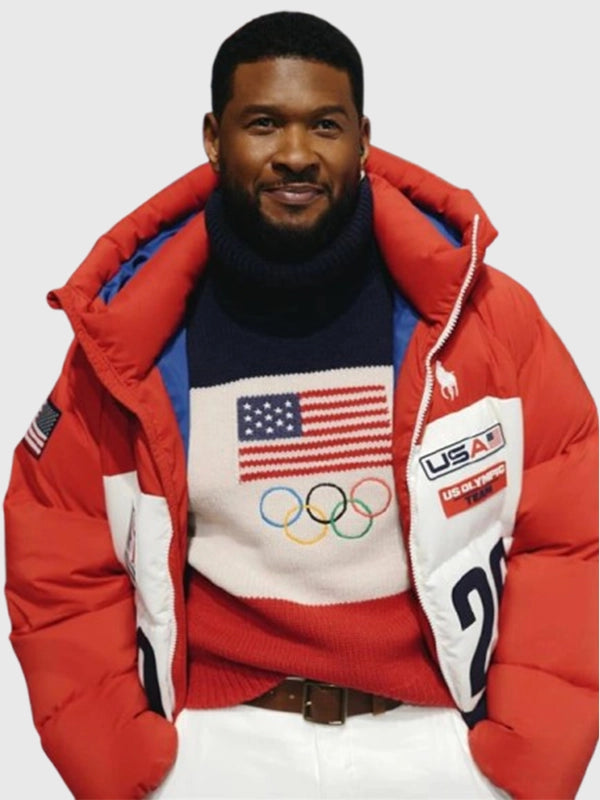 Red and white Team USA winter Olympics hooded puffer jacket by Polo Ralph Lauren with cozy insulation and patriotic graphics