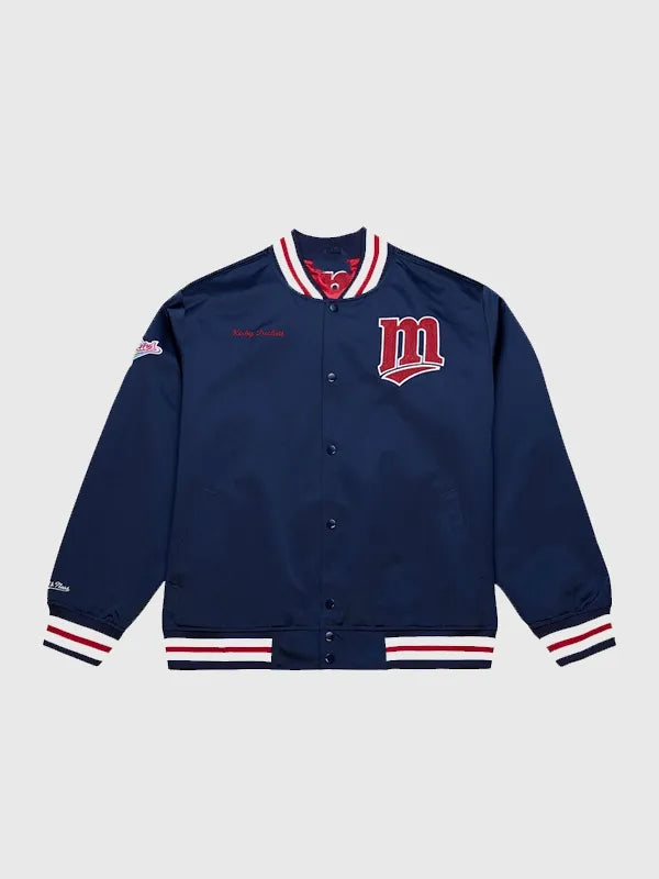 Navy blue Minnesota Twins Kirby Puckett satin jacket recreated with snap-button front and vintage-inspired athletic design