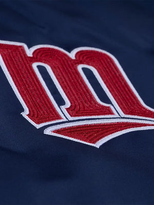 Navy blue Kirby Puckett Minnesota Twins satin jacket recreated with glossy texture and clean athletic aesthetics