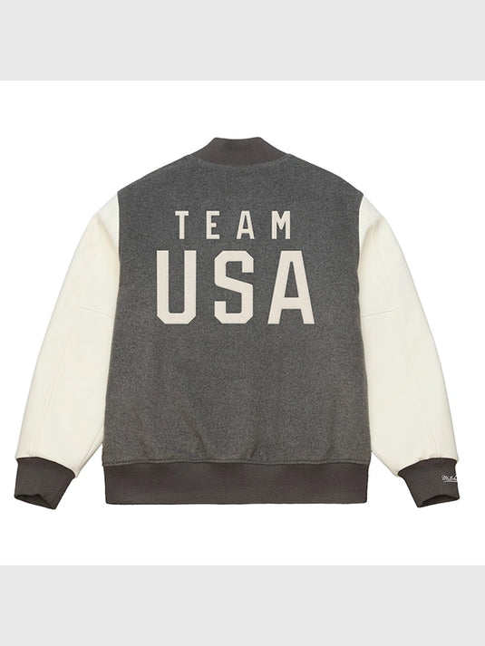 Recreation Mitchell & Ness men’s varsity jacket featuring Team USA Coach Snoop graphics in heather gray and cream
