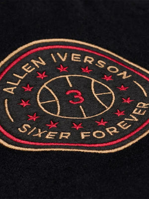 Philadelphia 76ers Allen Iverson black Walk The Tunnel varsity jacket recreated with structured fit and statement graphics