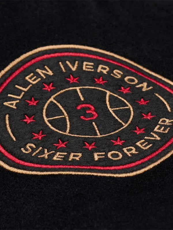 Philadelphia 76ers Allen Iverson black Walk The Tunnel varsity jacket recreated with structured fit and statement graphics