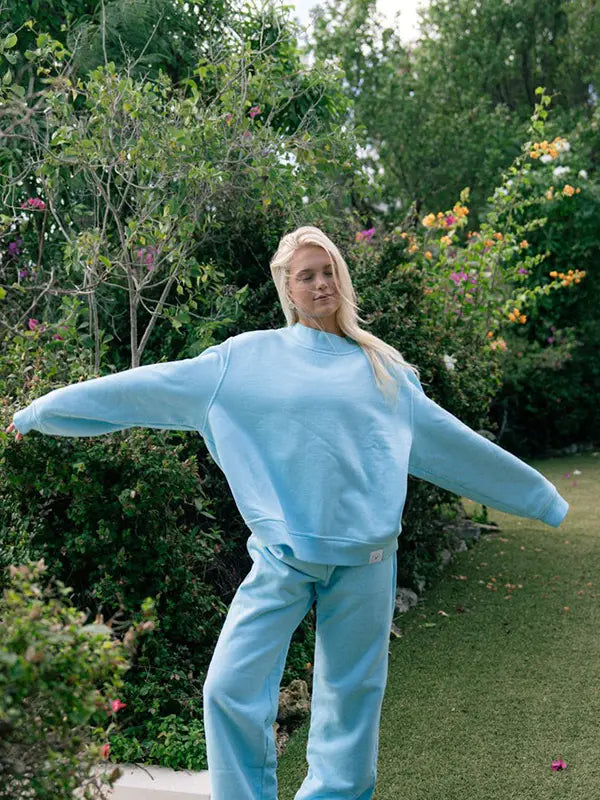 Blue fleece mockneck sweatshirt designed by Kaete for comfortable everyday layering