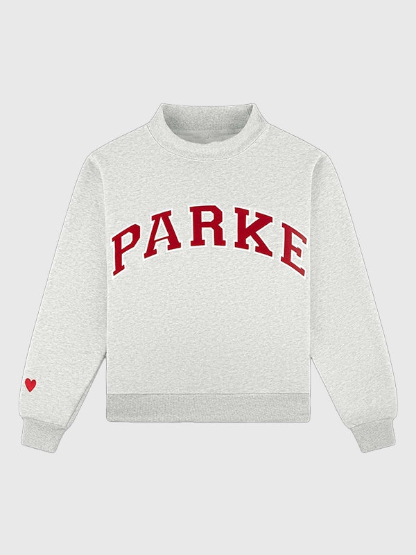 RECREATED Parke Valentine’s 2026 drop varsity mockneck fleece sweatshirt in grey with a refined neutral finish