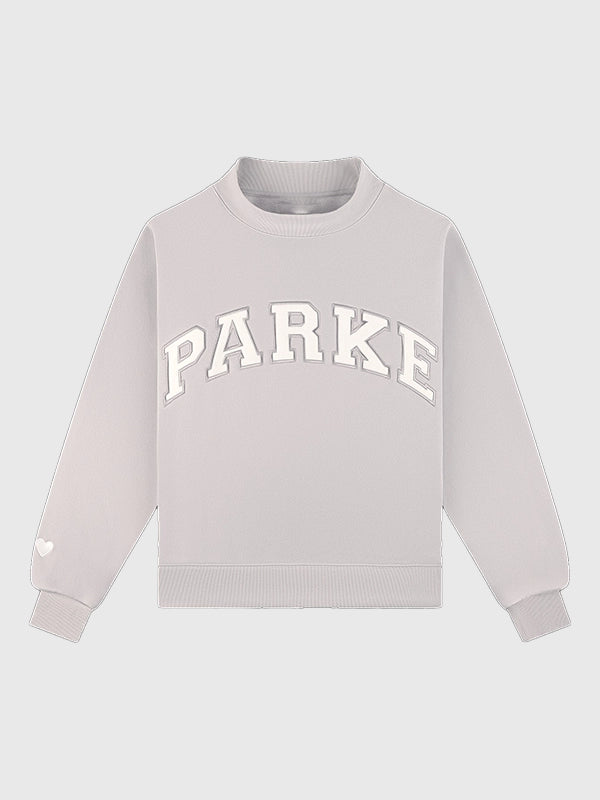 Lavender RECREATED Parke Valentine’s 2026 varsity mockneck sweatshirt designed in warm fleece material