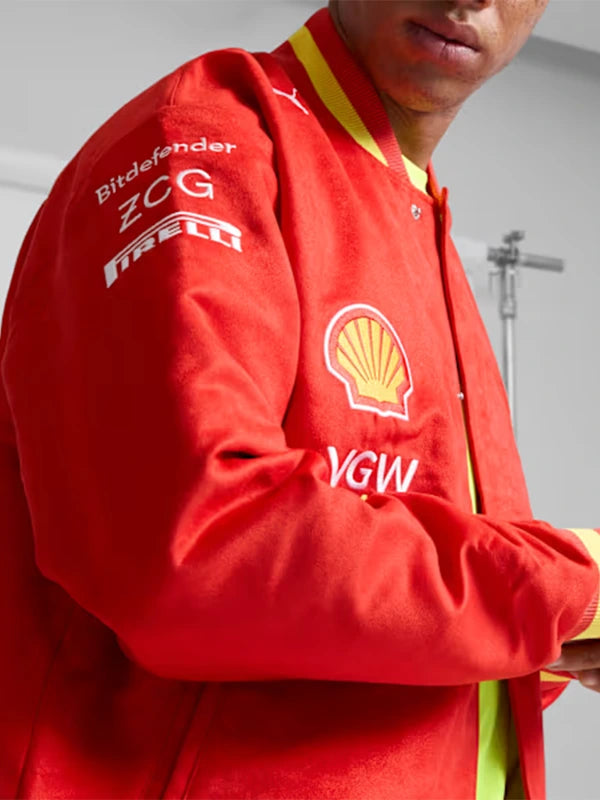 RECREATED Red Scuderia Ferrari Varsity Jacket designed with a comfortable fit and standout racing-inspired visuals