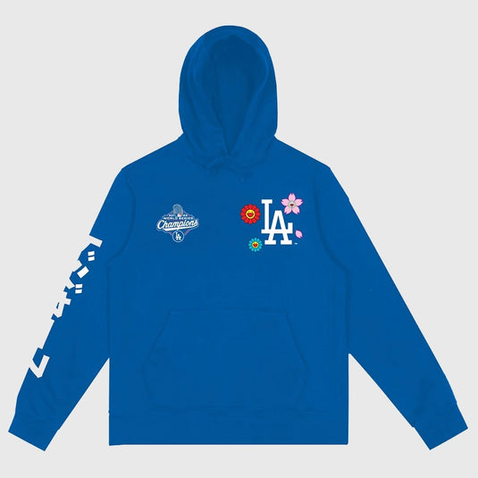 Murakami 2025 Dodgers World Series Champions unisex blue hoodie featuring team-inspired graphics and cozy fleece fabric.