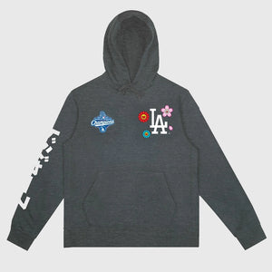 Unisex grey fleece hoodie from Murakami x Los Angeles Dodgers 2025 World Series Champions collection featuring team graphics.