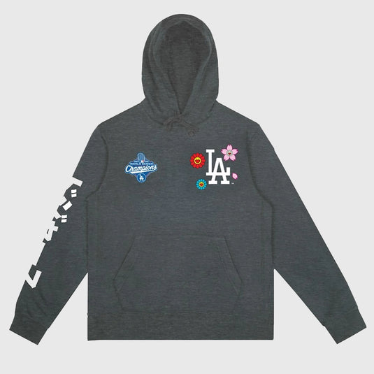 Unisex grey fleece hoodie from Murakami x Los Angeles Dodgers 2025 World Series Champions collection featuring team graphics.