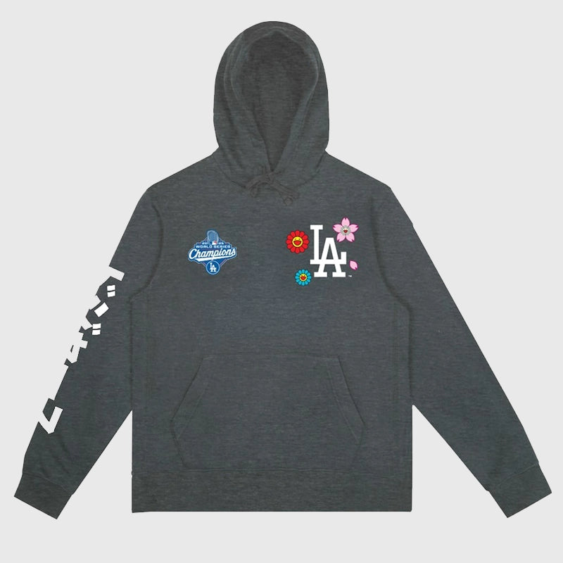 Unisex grey fleece hoodie from Murakami x Los Angeles Dodgers 2025 World Series Champions collection featuring team graphics.