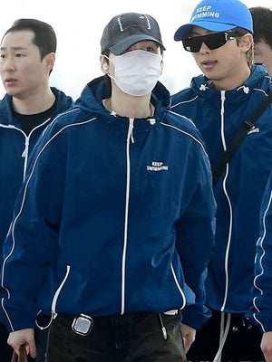 Musinsa BTS Keep Swimming jacket for sale inspired design in blue with clean detailing and soft texture