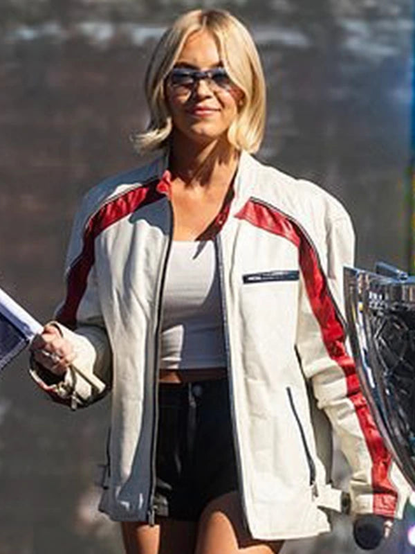 Sydney Sweeney NASCAR Cup Series Championship 2025 White Leather Jacket featuring bold racing-inspired detailing.