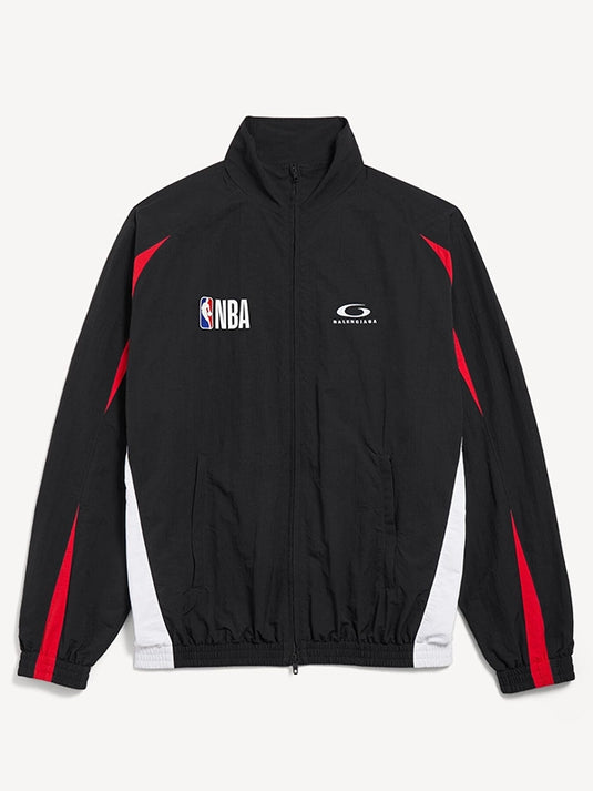 Unisex NBA x Balenciaga 2026 collaboration full zip track jacket in black with sleek luxury streetwear appeal