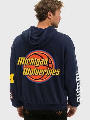 RECREATED Michigan Wolverines Final Four 2026 Aviator Nation Pullover Fleece Hoodie in Navy showcasing soft texture with a classic sporty aesthetic