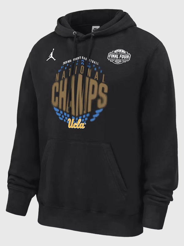 Recreated UCLA Bruins Jordan 2026 national champions locker room club hoodie in black with cozy interior and statement print