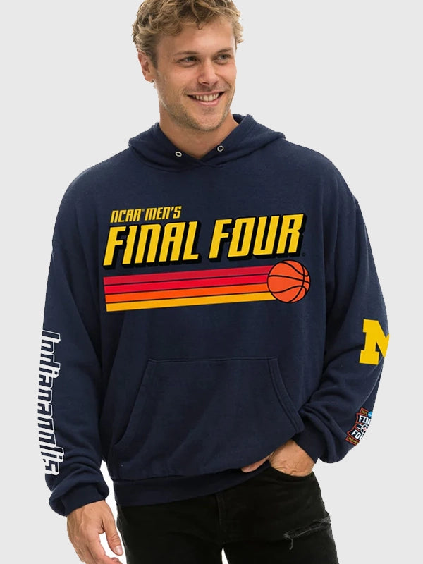RECREATED Aviator Nation Michigan Wolverines Final Four 2026 Pullover Fleece Hoodie in Navy featuring ultra-soft fleece construction with a relaxed vintage-inspired silhouette