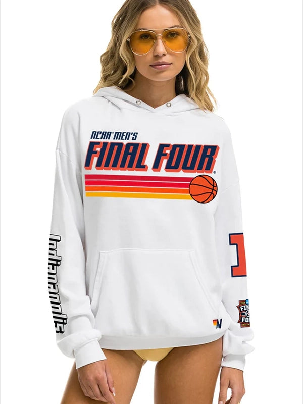 RECREATED White Aviator Nation Illinois Fighting Illini Final Four 2026 Hoodie showcasing a relaxed pullover design with retro sportswear appeal