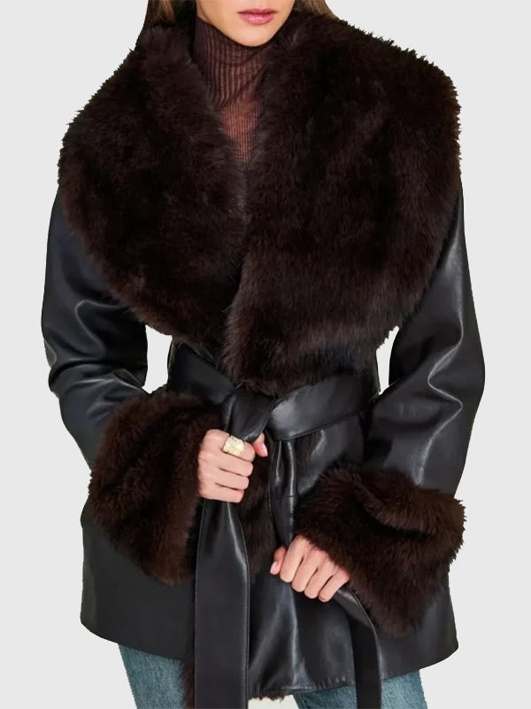 Erin Andrews RECREATED NFC Championship 2025 black faux leather coat with modern tailored styling