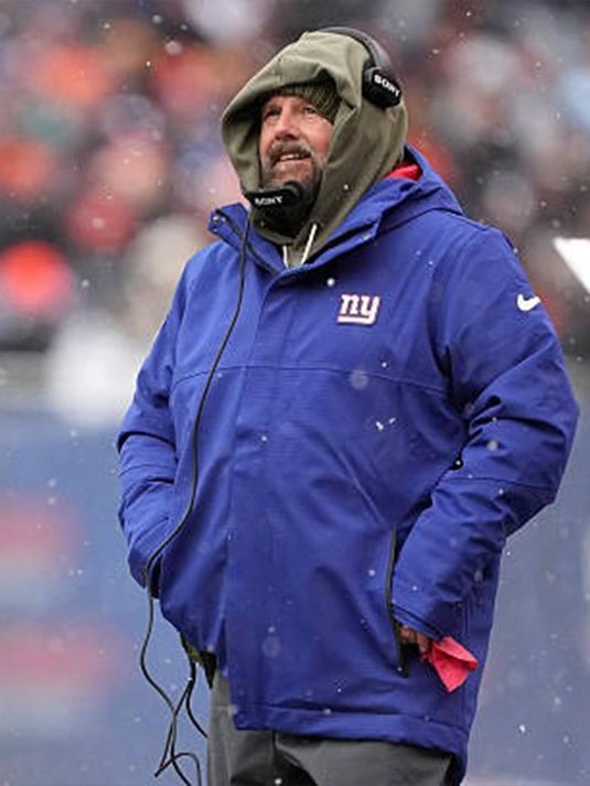 New York Giants 2025 puffer jacket in blue featuring a full hood and quilted design for cold-weather wear.