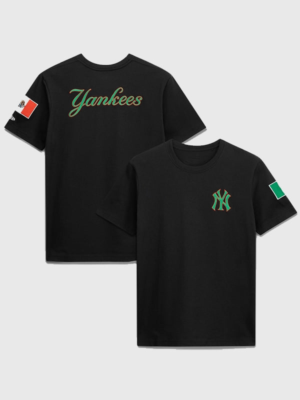 RECREATED New York Yankees New Era Mexico Country Flag T-Shirt in Black featuring soft cotton fabric with bold team and flag graphic detailing