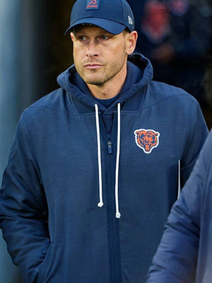 Recreated Coach Ben Johnson 2025 Chicago Bears Nike sideline bomber jacket in navy with a clean athletic silhouette