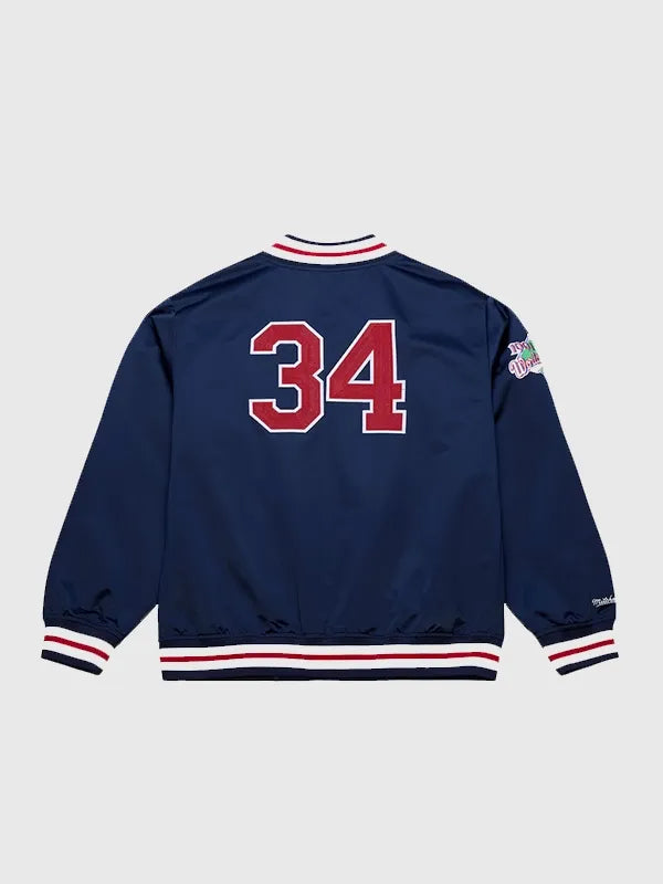 Minnesota Twins Kirby Puckett satin full-snap jacket recreated in navy blue with vintage baseball-inspired styling and smooth sheen