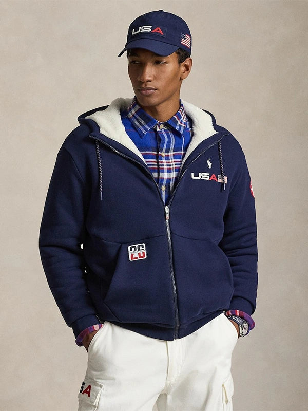 Team USA Milano Cortina 2026 navy sherpa fleece hoodie designed for warmth and cold-weather comfort