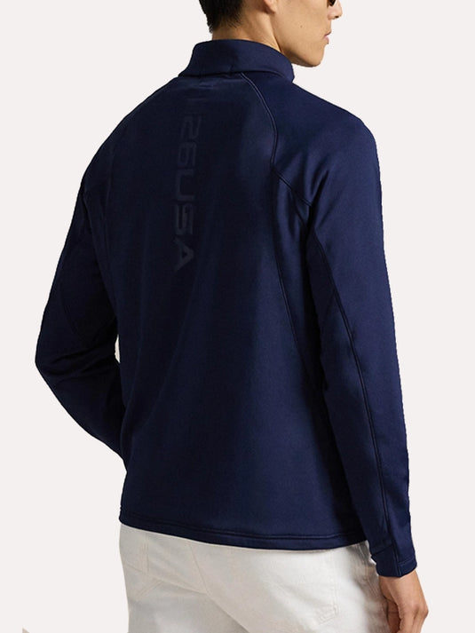 Polo Ralph Lauren navy quarter zip fleece pullover designed around the Milano Cortina 2026 Winter Olympics Team USA theme with cozy athletic appeal