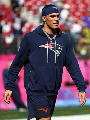 Super Bowl LX 2026 Christian Gonzalez New England Patriots navy pullover fleece hoodie with sideline styling