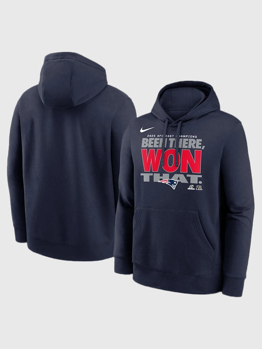 New England Patriots navy fleece hoodie celebrating 2025 AFC East Division Championship with locker room-inspired graphics
