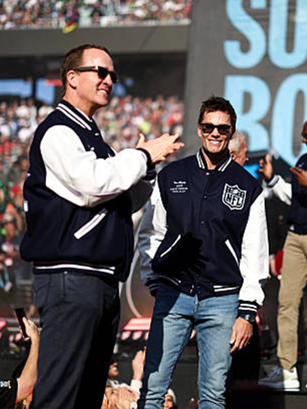 Recreated Super Bowl 60 MVP wool varsity jacket featuring navy body and contrasting white details