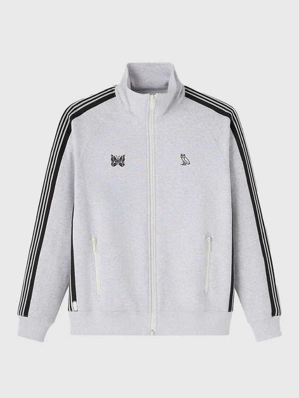 Recreated OVO x Needles 2026 grey track jacket crafted from midweight fleece with relaxed athletic styling