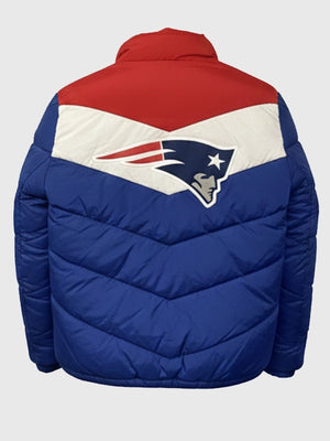 RECREATED Patriots 2025 multi-color puffer jacket designed with durable parachute fabric and warm padding