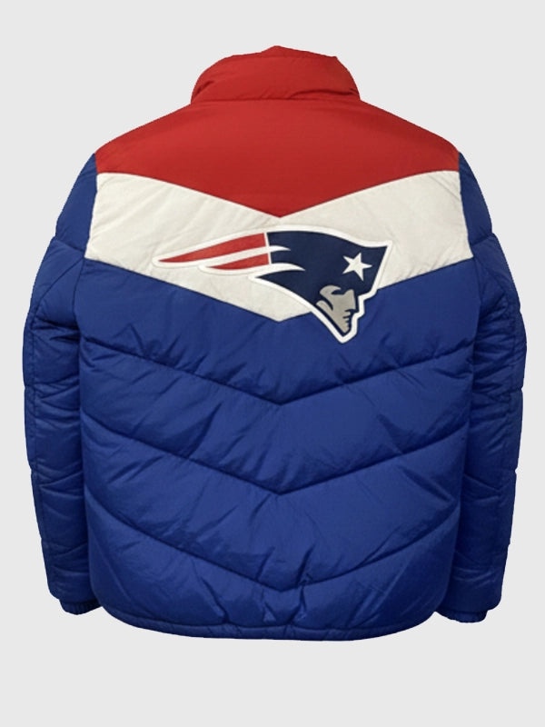 RECREATED Patriots 2025 multi-color puffer jacket designed with durable parachute fabric and warm padding