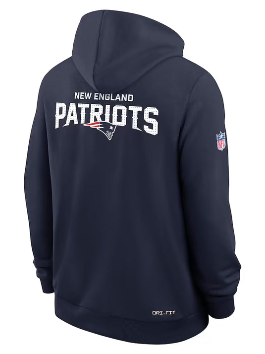Navy blue New England Patriots 2025 Nike sideline fleece pullover hoodie recreated