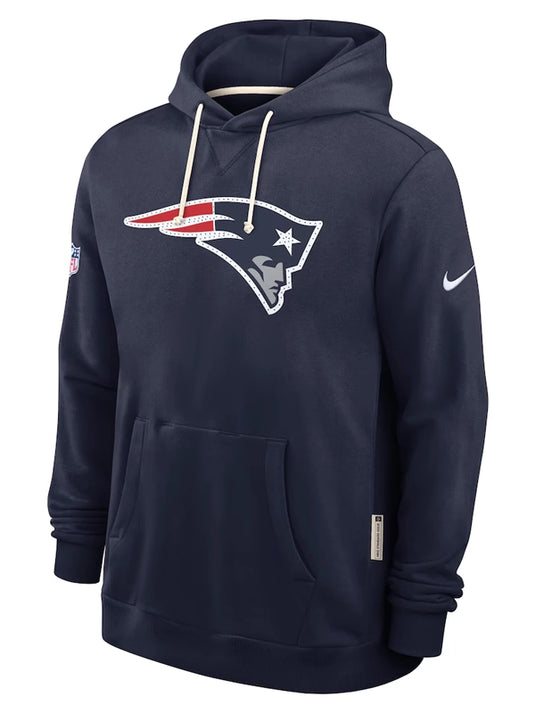 Recreated 2025 New England Patriots sideline fleece hoodie featuring a clean Nike athletic look