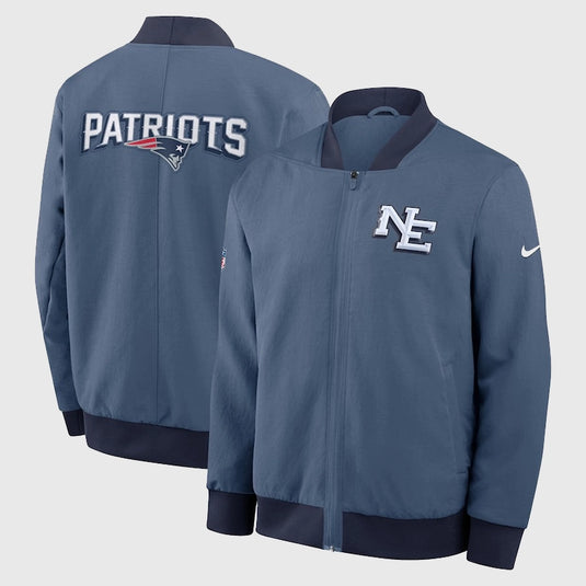 Blue New England Patriots bomber jacket showcasing 2025 Rivalries styling and durable Nike construction.
