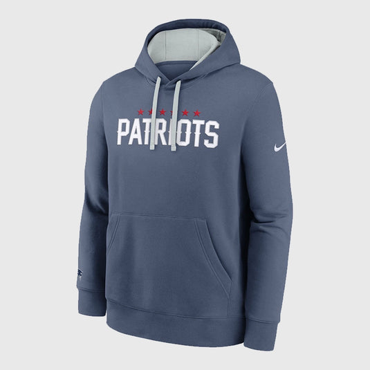 Storm blue New England Patriots Nike Club Hoodie offering warm fleece fabric and subtle team accents.