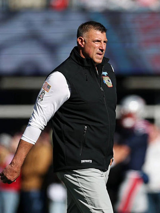 New England Patriots 2025 Coach Mike Vrabel Black Vest with lightweight performance fabric.
