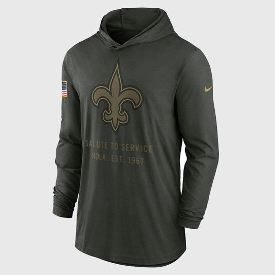 Nike 2025 New Orleans Saints Salute to Service lightweight hooded T-shirt in forest green with moisture-wicking Dri-FIT technology.