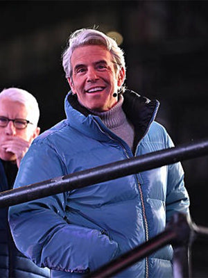 Recreated Andy Cohen NYE 2026 blue Mackage jacket with puffed design and detachable hood for cold-weather layering