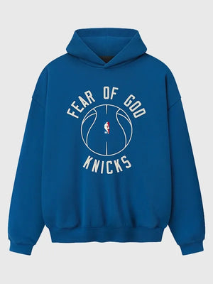 Blue New York Knicks 90’s hoodie inspired by Fear of God x Barkley L. Hendricks featuring classic pullover design and ribbed trims