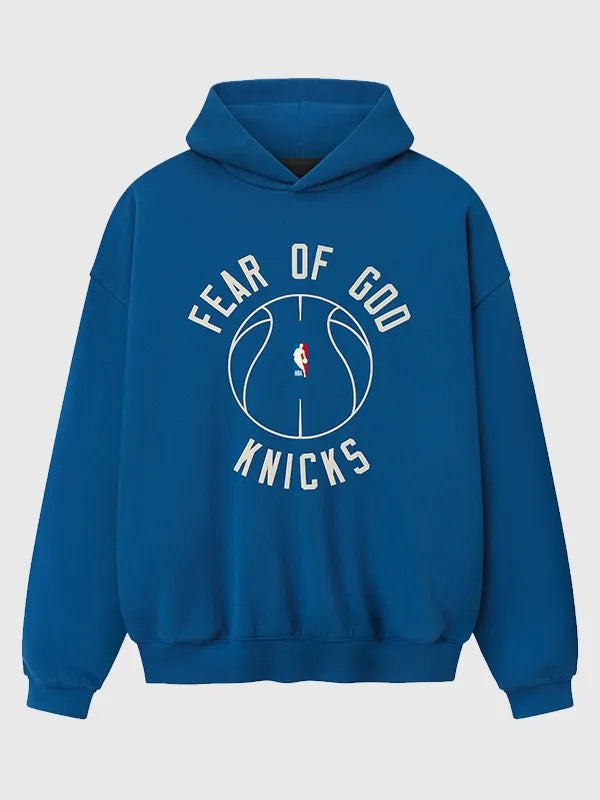 Blue New York Knicks 90’s hoodie inspired by Fear of God x Barkley L. Hendricks featuring classic pullover design and ribbed trims