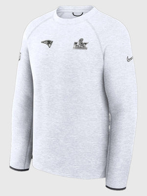 Recreated grey Patriots Super Bowl LX Opening Night sweatshirt with soft interior and classic pullover silhouette for comfortable, everyday layering.