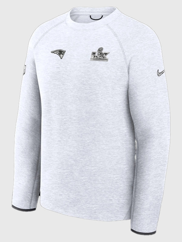 Recreated grey Patriots Super Bowl LX Opening Night sweatshirt with soft interior and classic pullover silhouette for comfortable, everyday layering.