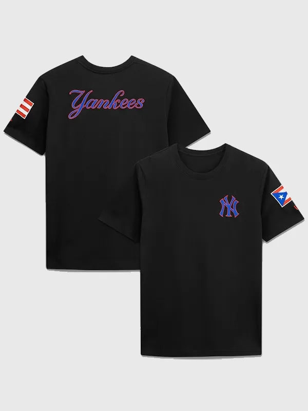 RECREATED New York Yankees New Era Puerto Rico Country Flag T-Shirt in Black featuring soft cotton fabric with bold Yankees and Puerto Rico flag graphic