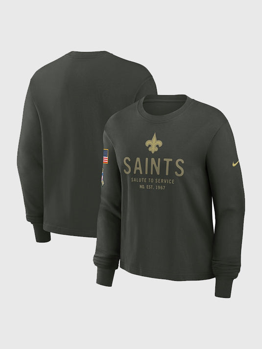 New Orleans Saints 2025 Salute to Service Long Sleeve T-Shirt by Nike with patriotic patch.