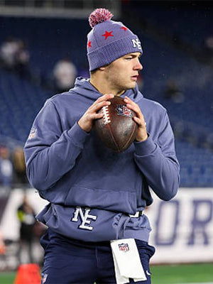 New England Patriots 2025 storm blue hoodie featuring Nike’s pullover design and Drake Maye sideline styling.