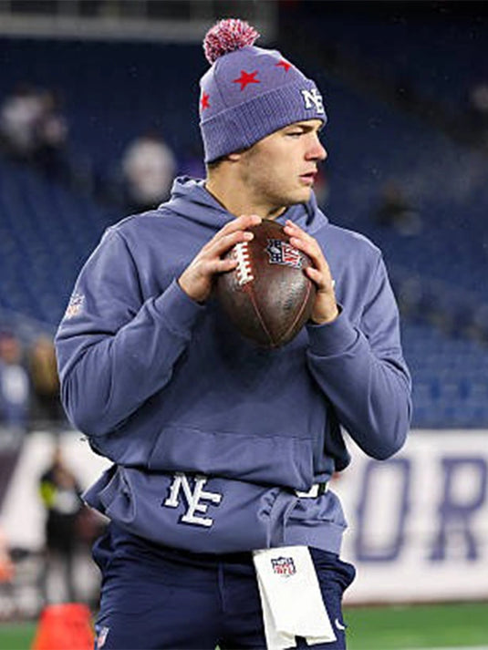 New England Patriots 2025 storm blue hoodie featuring Nike’s pullover design and Drake Maye sideline styling.
